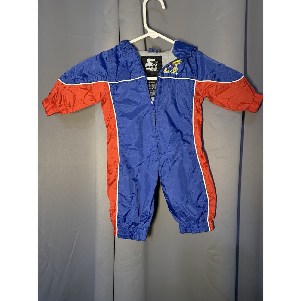 Vtg University of Kansas Jayhawks KU Snowsuit Windbreaker Romper 0-3 MO Blue Red